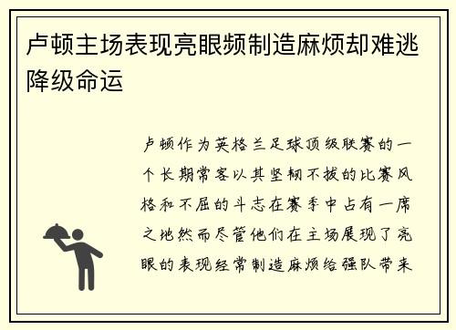 卢顿主场表现亮眼频制造麻烦却难逃降级命运 卢顿主场表现亮眼频制造麻烦却难逃降级命运