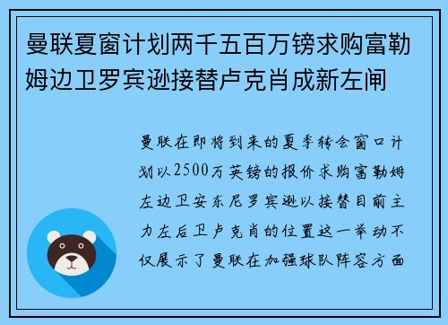 曼联夏窗计划两千五百万镑求购富勒姆边卫罗宾逊接替卢克肖成新左闸 曼联夏窗计划两千五百万镑求购富勒姆边卫罗宾逊接替卢克肖成新左闸
